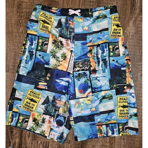 OP Board Shorts Youth Boy's XXL 2XG (18) Sharks Swim Trunks Cargo Pocket EUC - Picture 1 of 5